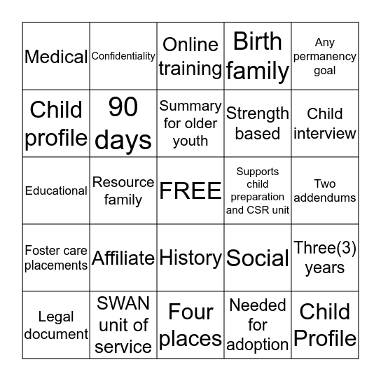 CHILD PROFILE Bingo Card