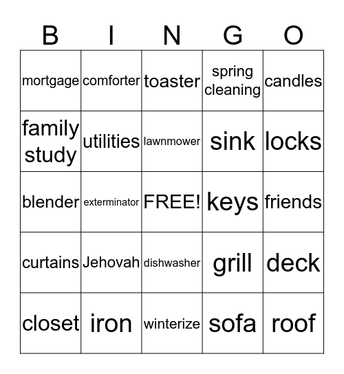 Brent and Jessie's Housewarming Bingo Card