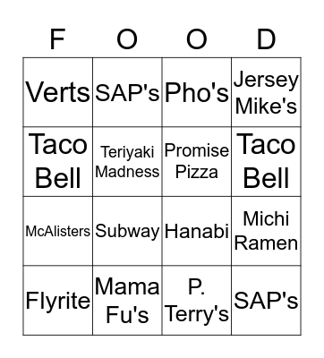 What's for Lunch? Bingo Card