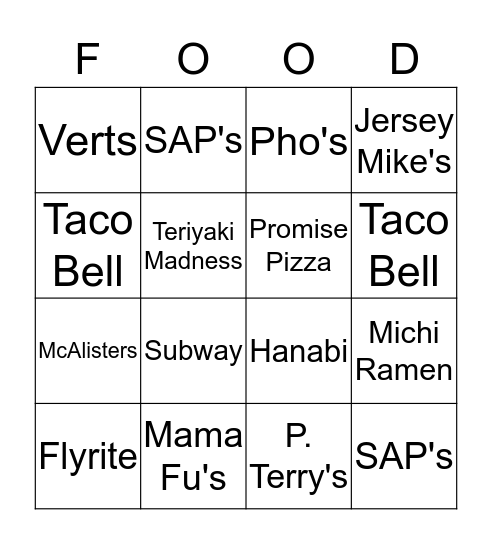 What's for Lunch? Bingo Card