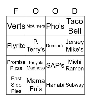 What's for Lunch? Bingo Card