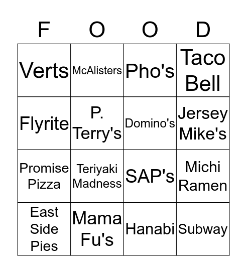 What's for Lunch? Bingo Card