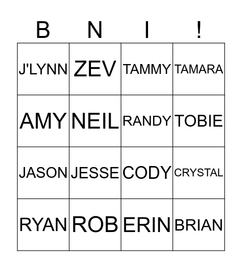 BNI ONE TO ONE BINGO Card