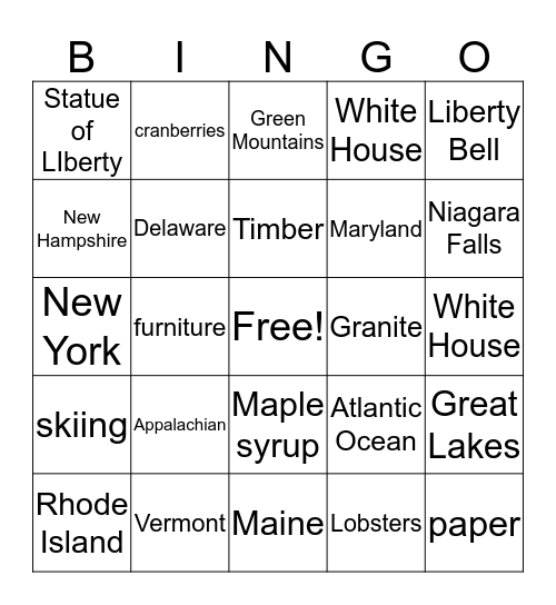 Northeast Region Bingo Card