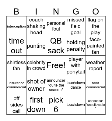 *FOOTBALL BINGO * Bingo Card