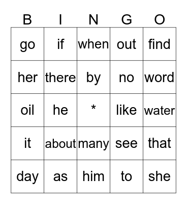 Arya's Sight Words Bingo Card