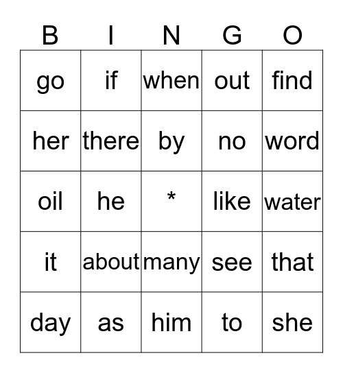 Arya's Sight Words Bingo Card