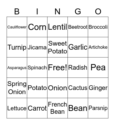 Vegetables, roots, grains and leaves. Bingo Card