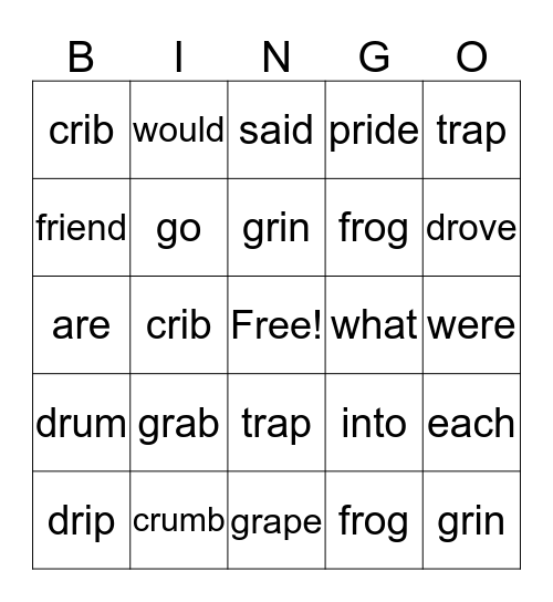 Beginning Rr consonant blends Bingo Card