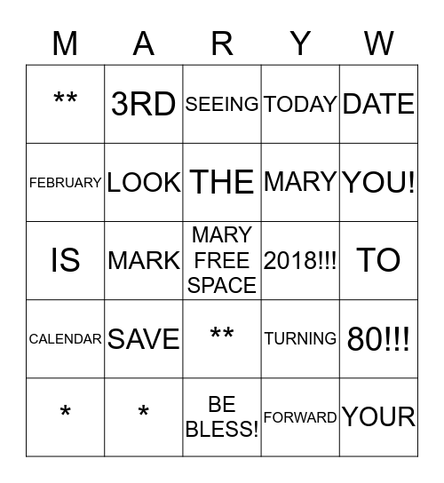 Shhh ... MARY is having an 80th Party! Bingo Card