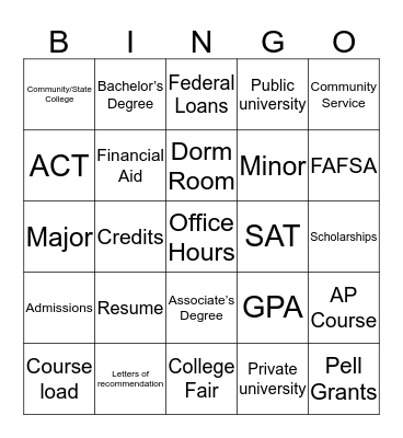 College Awareness Bingo Card