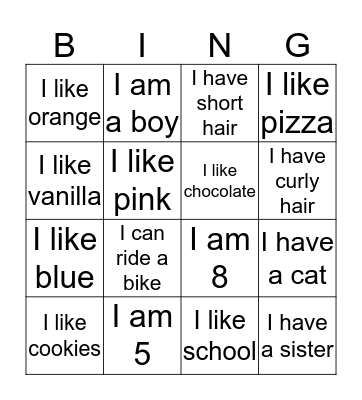 About Me Bingo Card