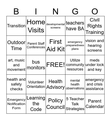 Head Start Bingo Card