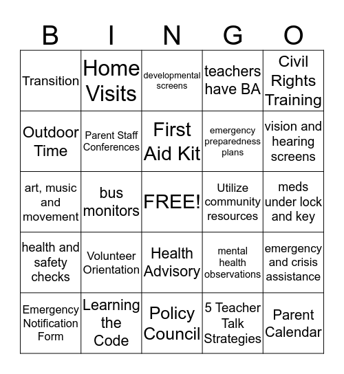 Head Start Bingo Card