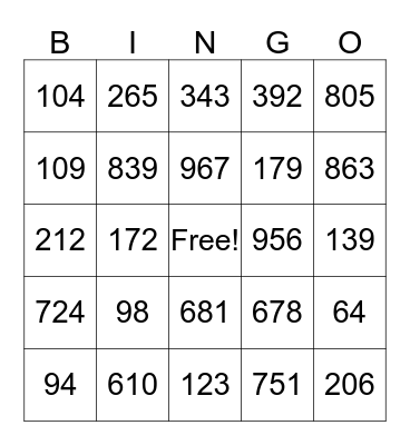 Place Value Bingo Card