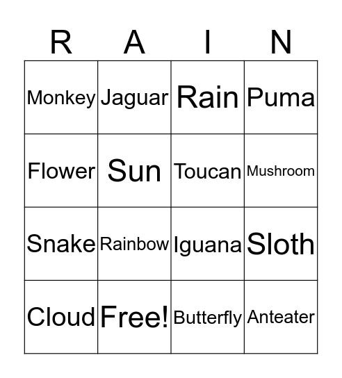 Rainforest Bingo Card