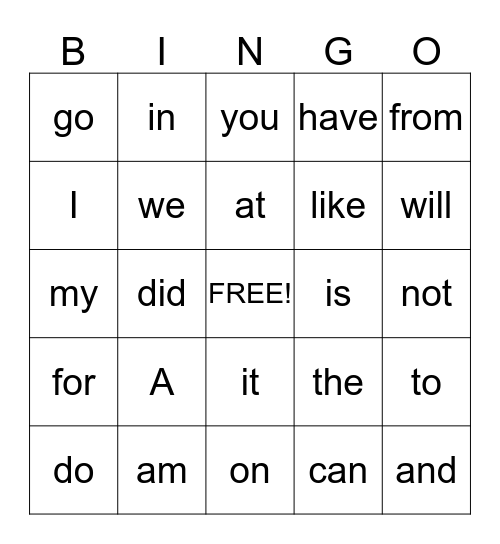 High frequency words Bingo Card