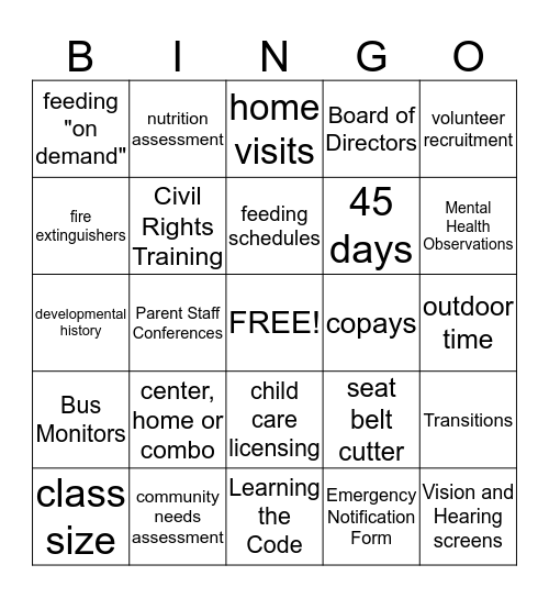 Head Start Bingo Card