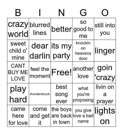 your song Bingo Card
