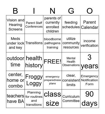 Head Start Bingo Card