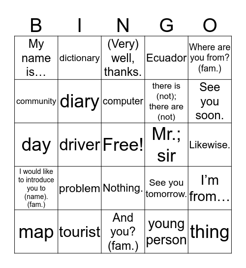 Vocabulario leccion 1 Bingo Card