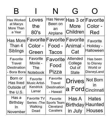 FUN FACTS BINGO Card