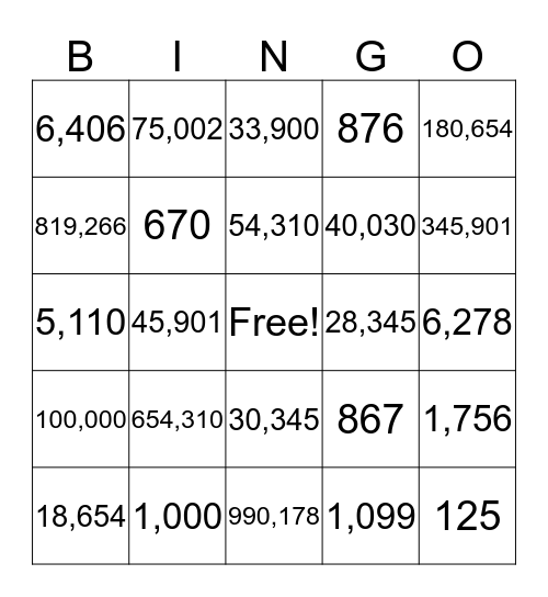 Number Recognition Bingo Card