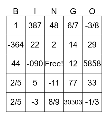 Rational Number Addition and Subtraction Bingo Card