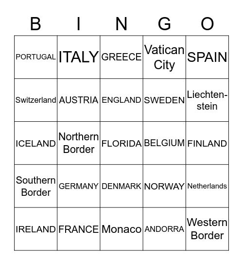 WESTERN EUROPE CAPITALS & BORDERS Bingo Card