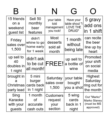 Druid Server Bingo Card