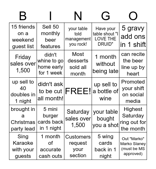Druid Server Bingo Card