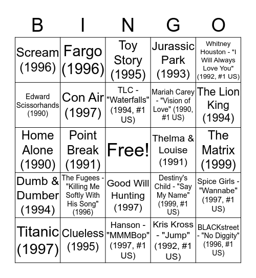 90's Music & Movies  Bingo Card
