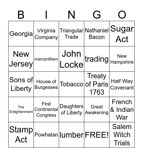 Road to American Revolution Bingo Card