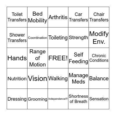 Occupational Therapy Bingo Card