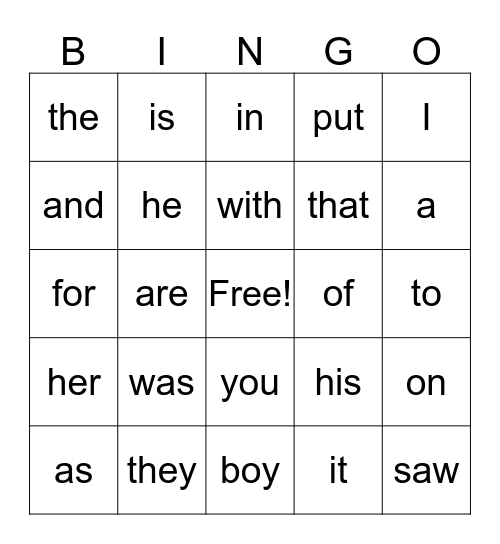 Fry First 100 Sight Words 1-20 Bingo Card