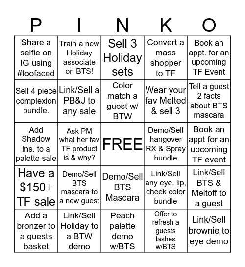 TOOFACED PINKO Bingo Card