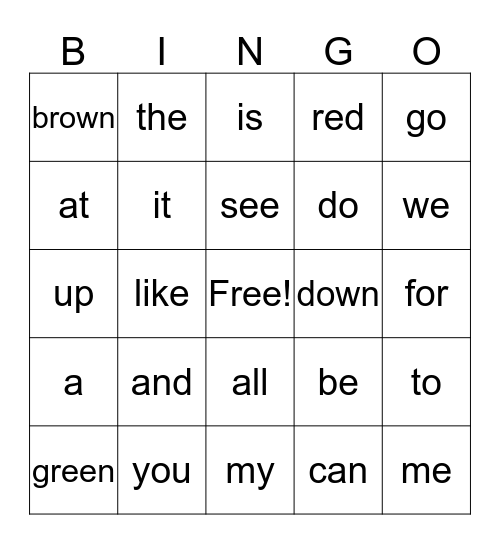 Sight Word Bingo Card