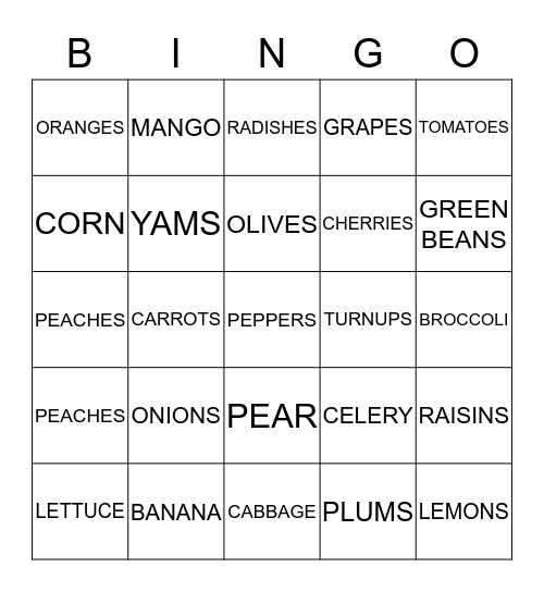 TOPS 237 FRUIT AND VEGGIE BINGO Card