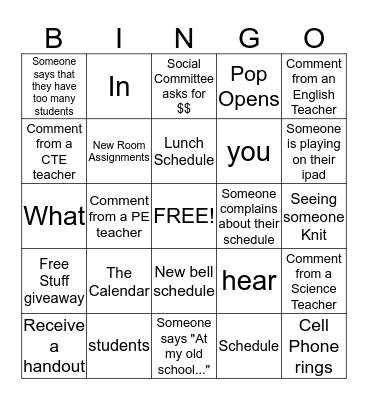 2013 Return to School BINGO Card
