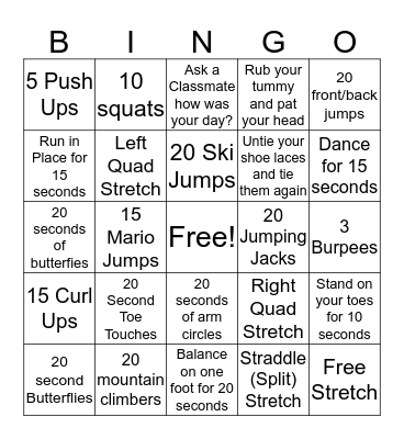 Fitness Bingo Card