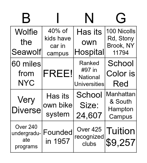 Stony Brook University! Bingo Card