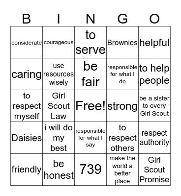 GIRL SCOUT LAW AND PROMISE Bingo Card