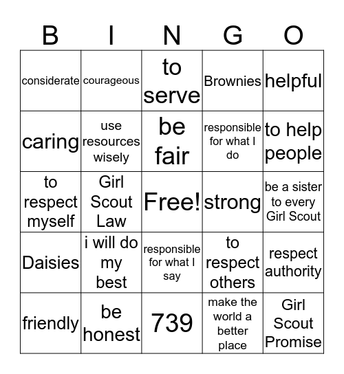 GIRL SCOUT LAW AND PROMISE Bingo Card