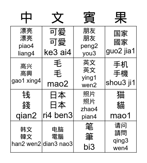 CHN 101 Bingo Card