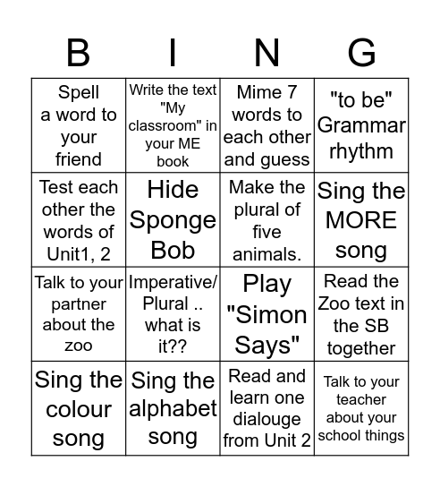 Thursday English BINGO (Unit1,2) Bingo Card