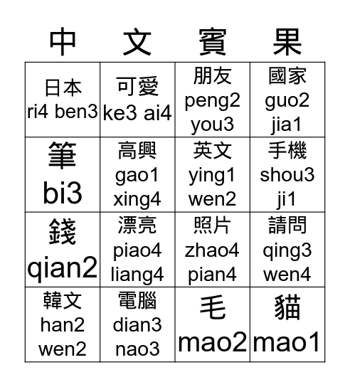 CHN 101 Bingo Card