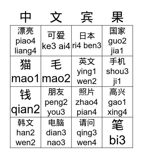 CHN 101 Bingo Card