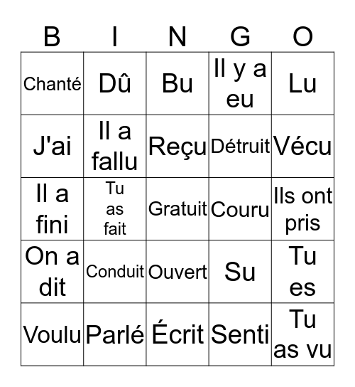 Passé Composé Bingo Card