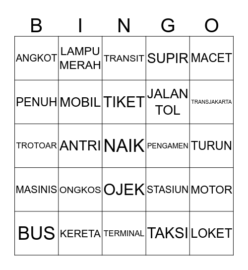 BINGO TRANSPORTASI Bingo Card
