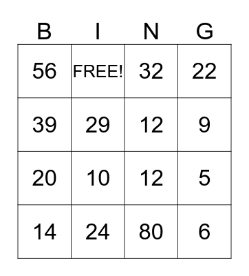 Maths  Bingo Card